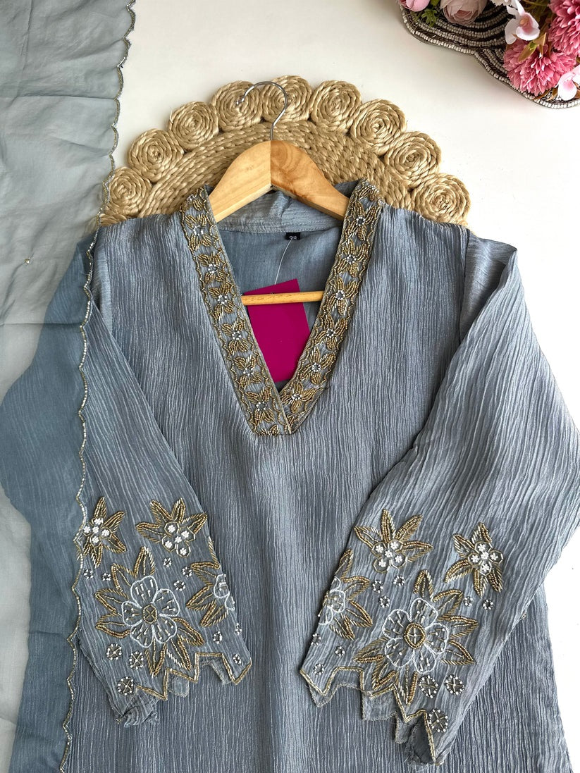 K102 - Crush tissue handwork straight Kurti with pants and dupatta