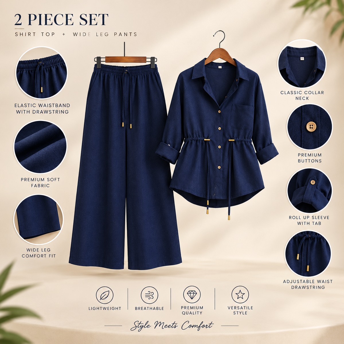 Luxe Breeze Navy Two-Piece Co-Ord Set