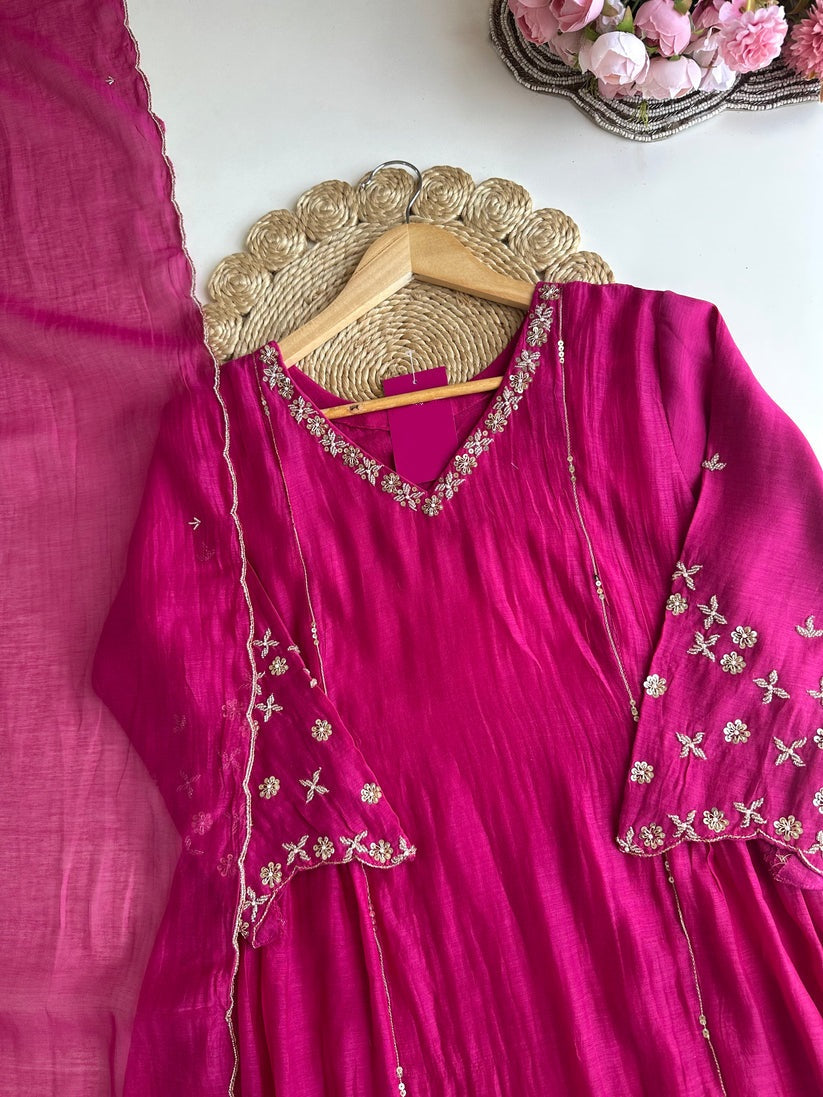 K101 - Mul Chanderi handwork Anarkali with pants and dupatta