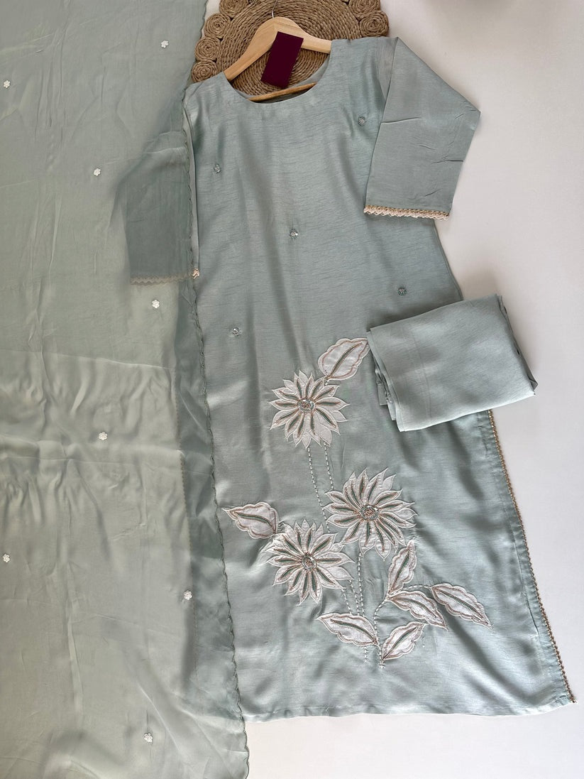 K104 - Mul Chanderi Handwork Straight kurti with pants and dupatta