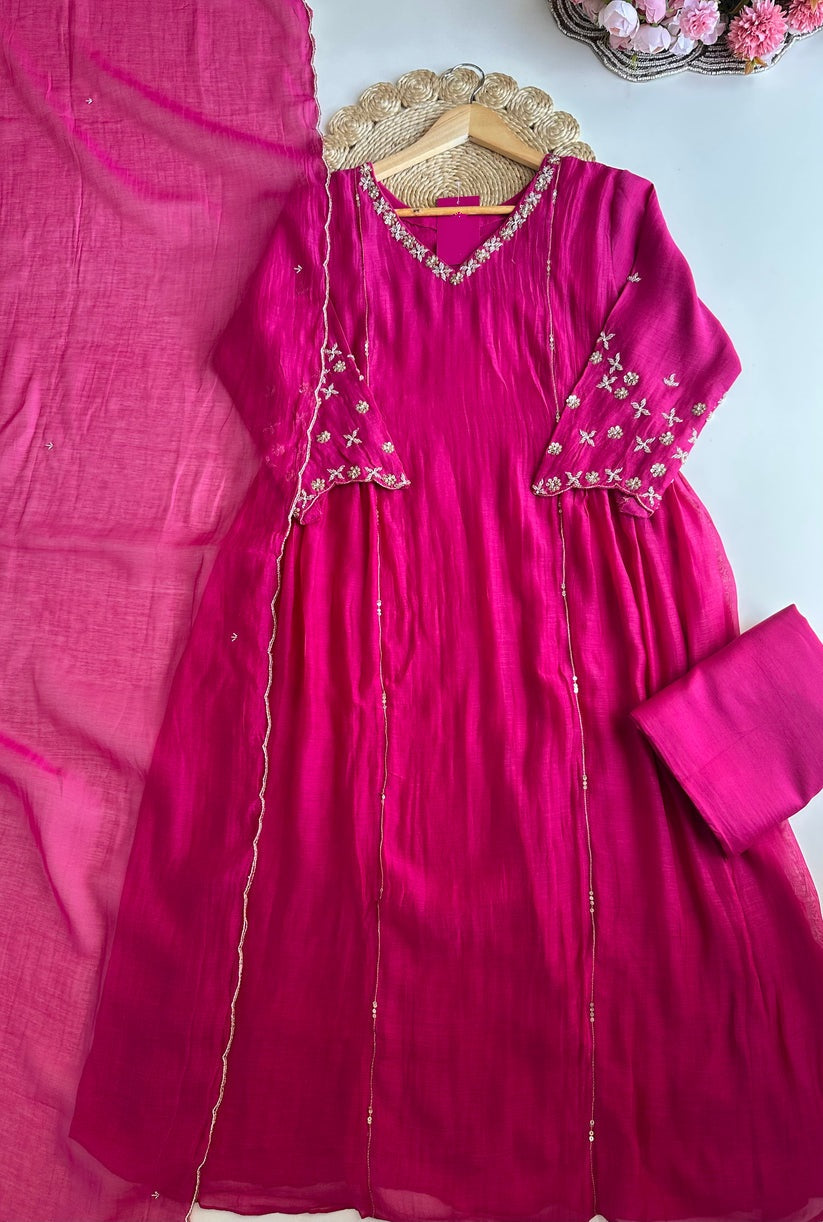 K101 - Mul Chanderi handwork Anarkali with pants and dupatta
