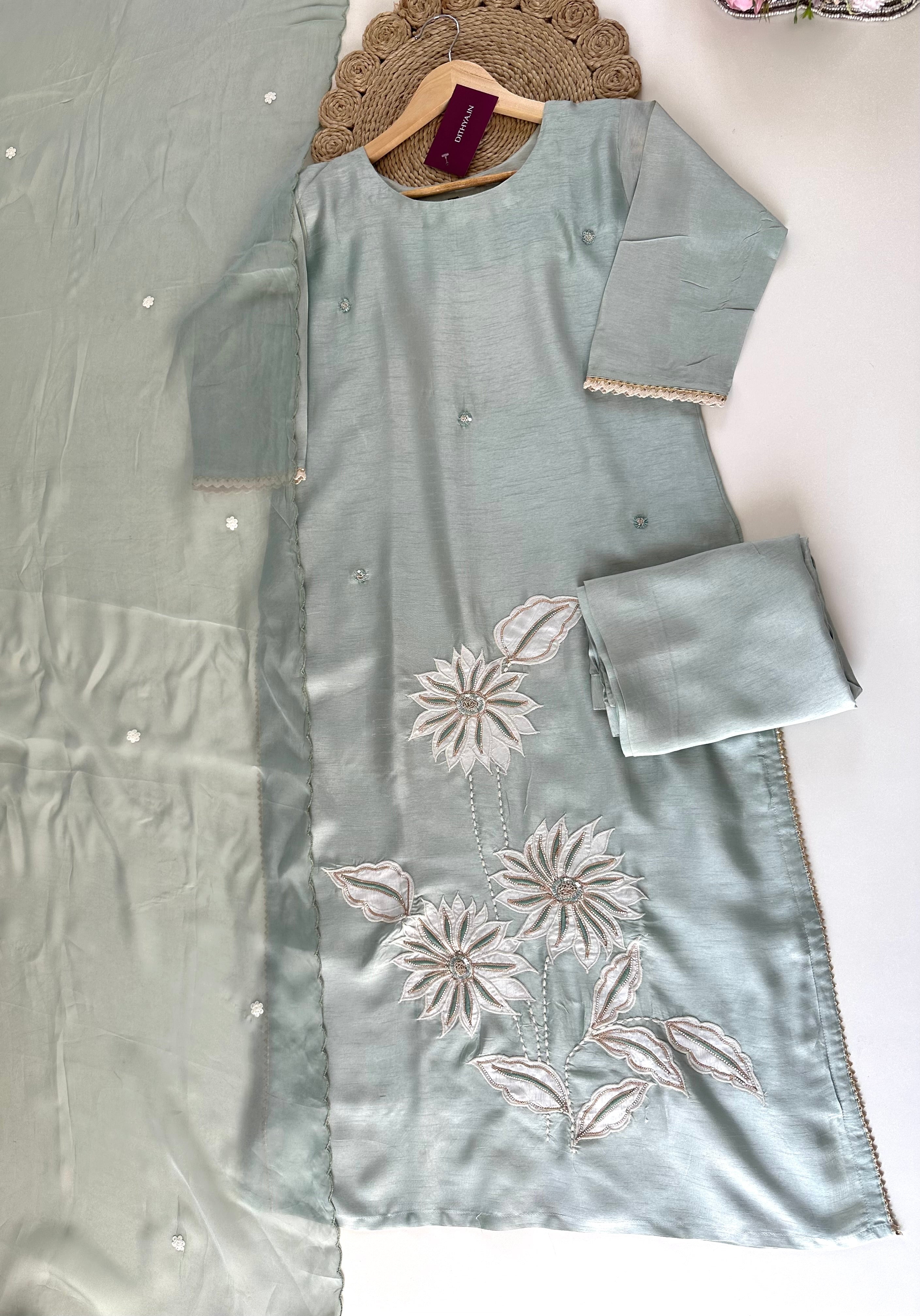 K104 - Mul Chanderi Handwork Straight kurti with pants and dupatta