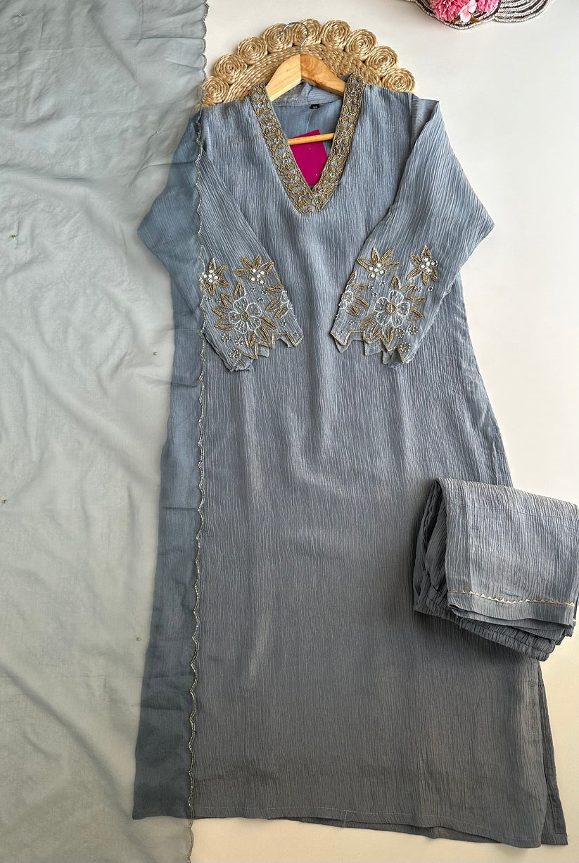 K102 - Crush tissue handwork straight Kurti with pants and dupatta