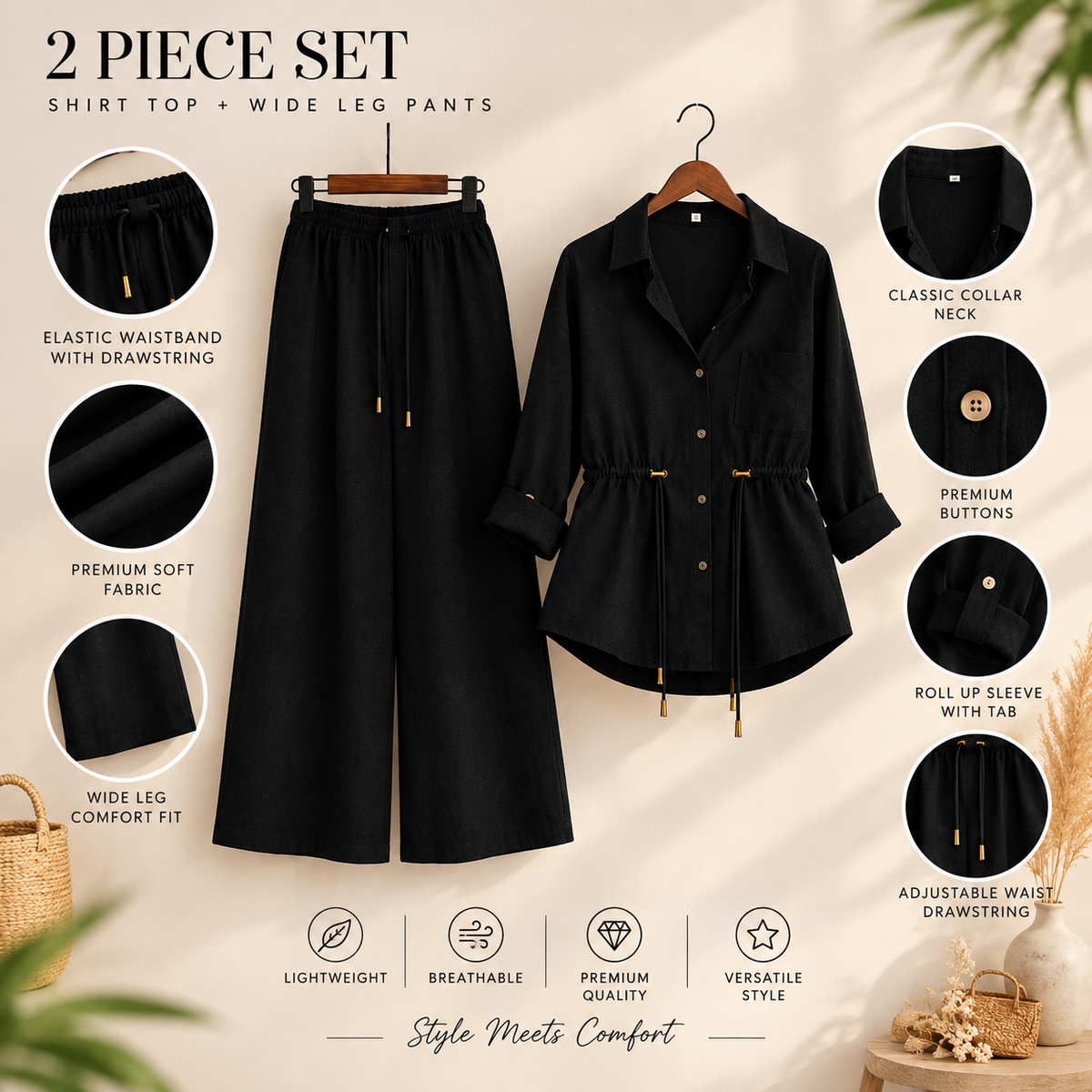 Luxe Breeze Black Two-Piece Co-Ord Set