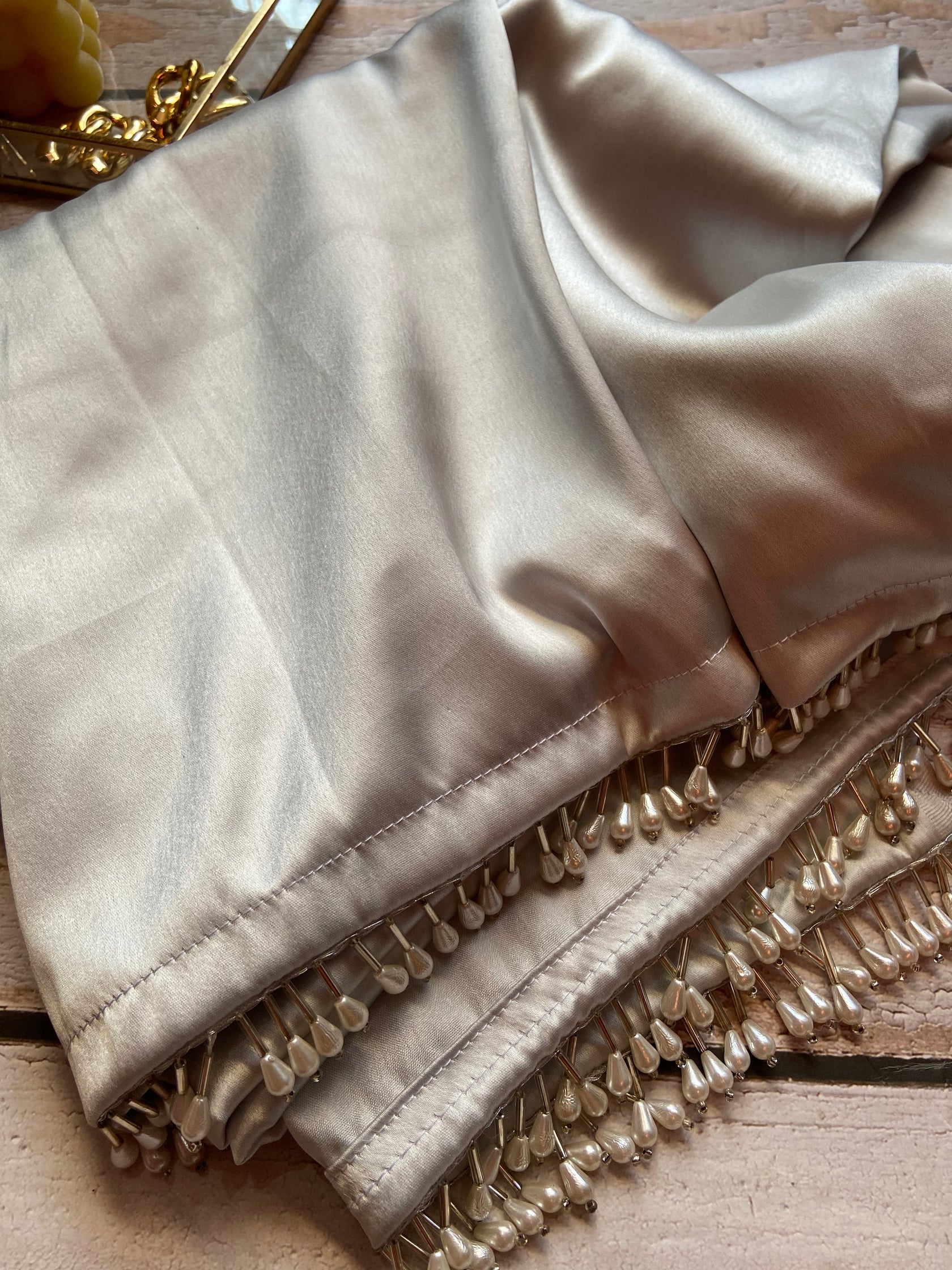 Grey Satin Silk Handmade Tassels On Pallu