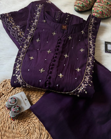 Wine Embroidery Kurta set