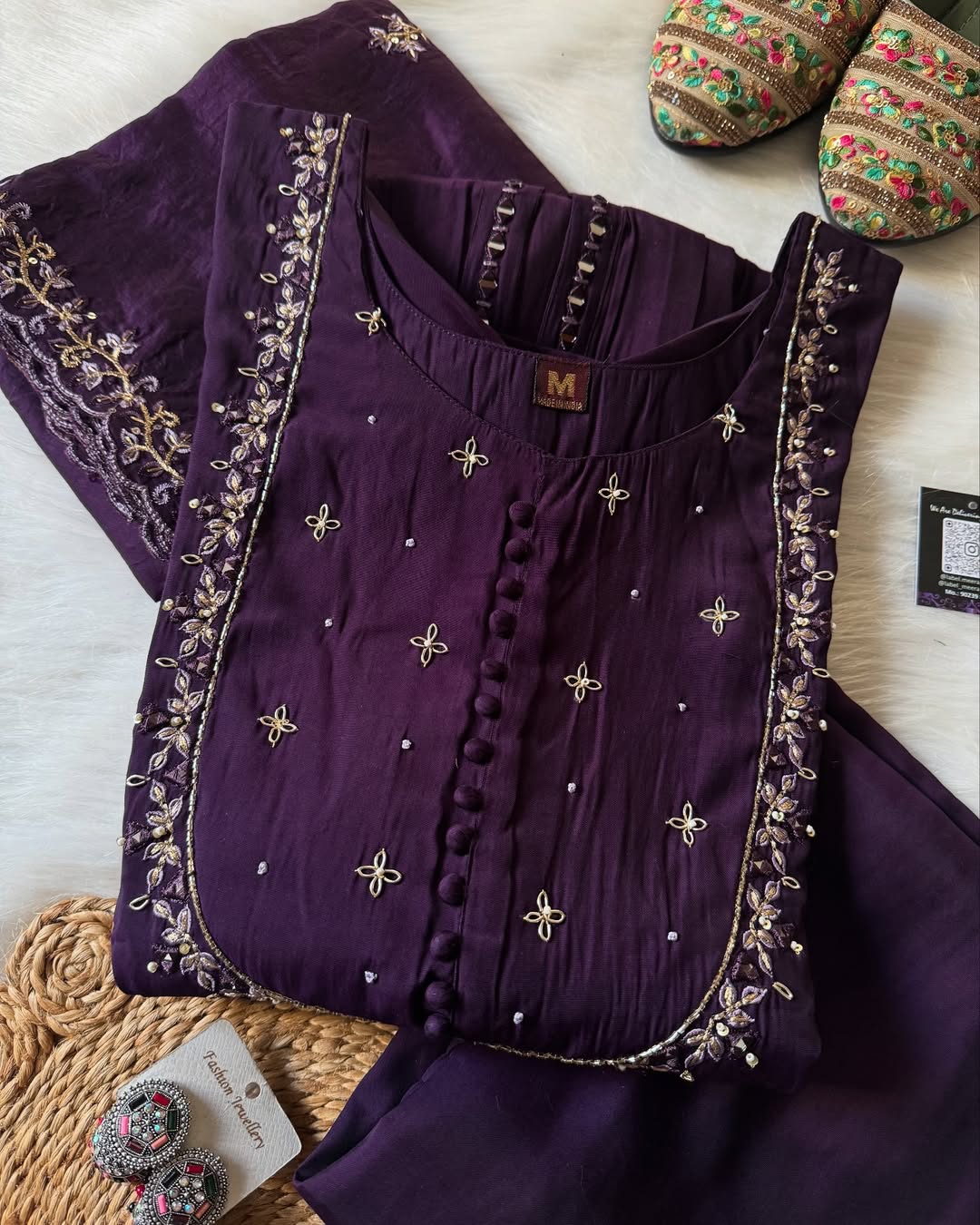 Wine Embroidery Kurta set
