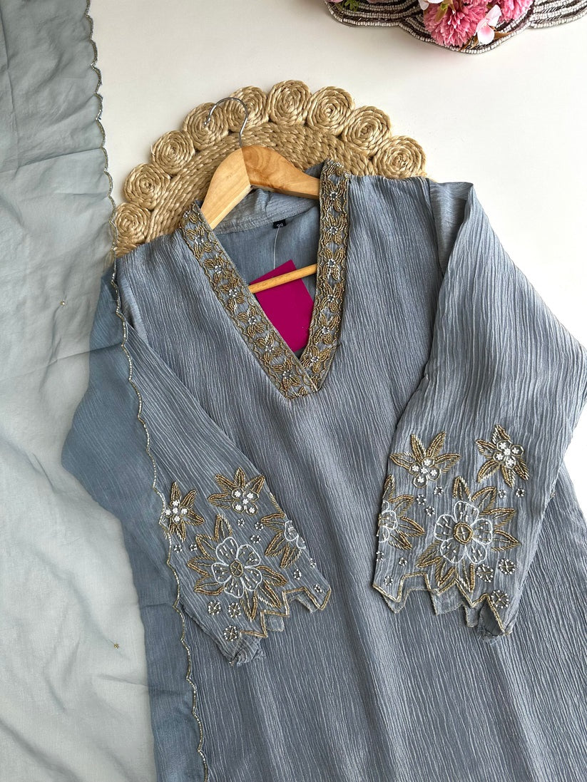 K102 - Crush tissue handwork straight Kurti with pants and dupatta