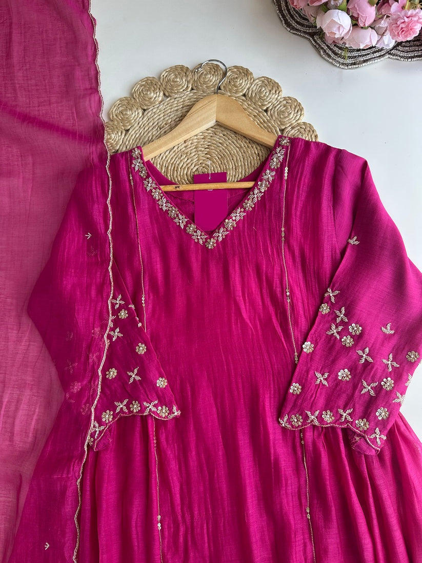 K101 - Mul Chanderi handwork Anarkali with pants and dupatta