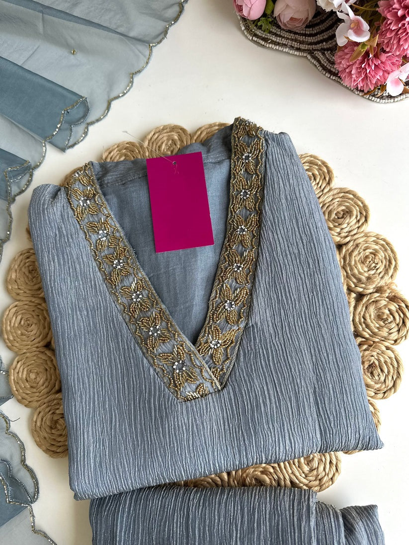 K102 - Crush tissue handwork straight Kurti with pants and dupatta