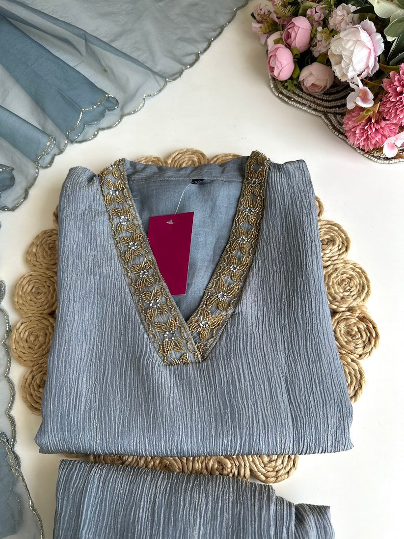 K102 - Crush tissue handwork straight Kurti with pants and dupatta