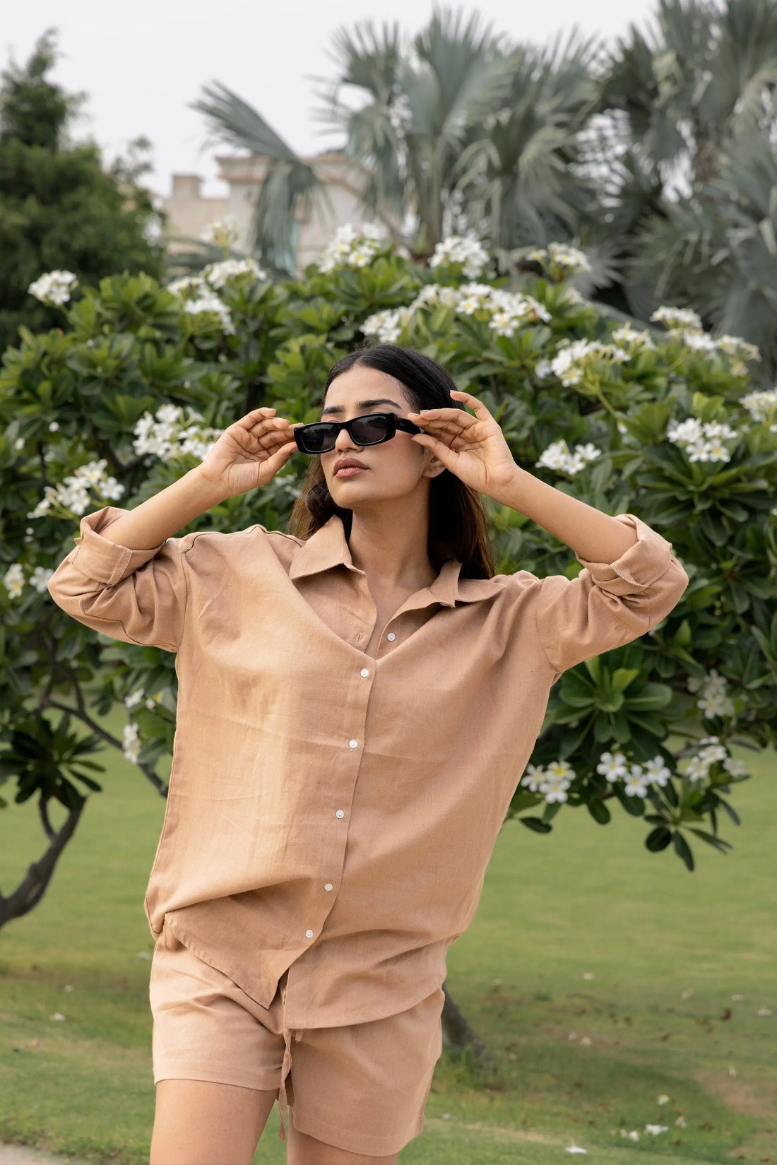 Brown - Oversized Linen-Cotton Shirt & Shorts Set