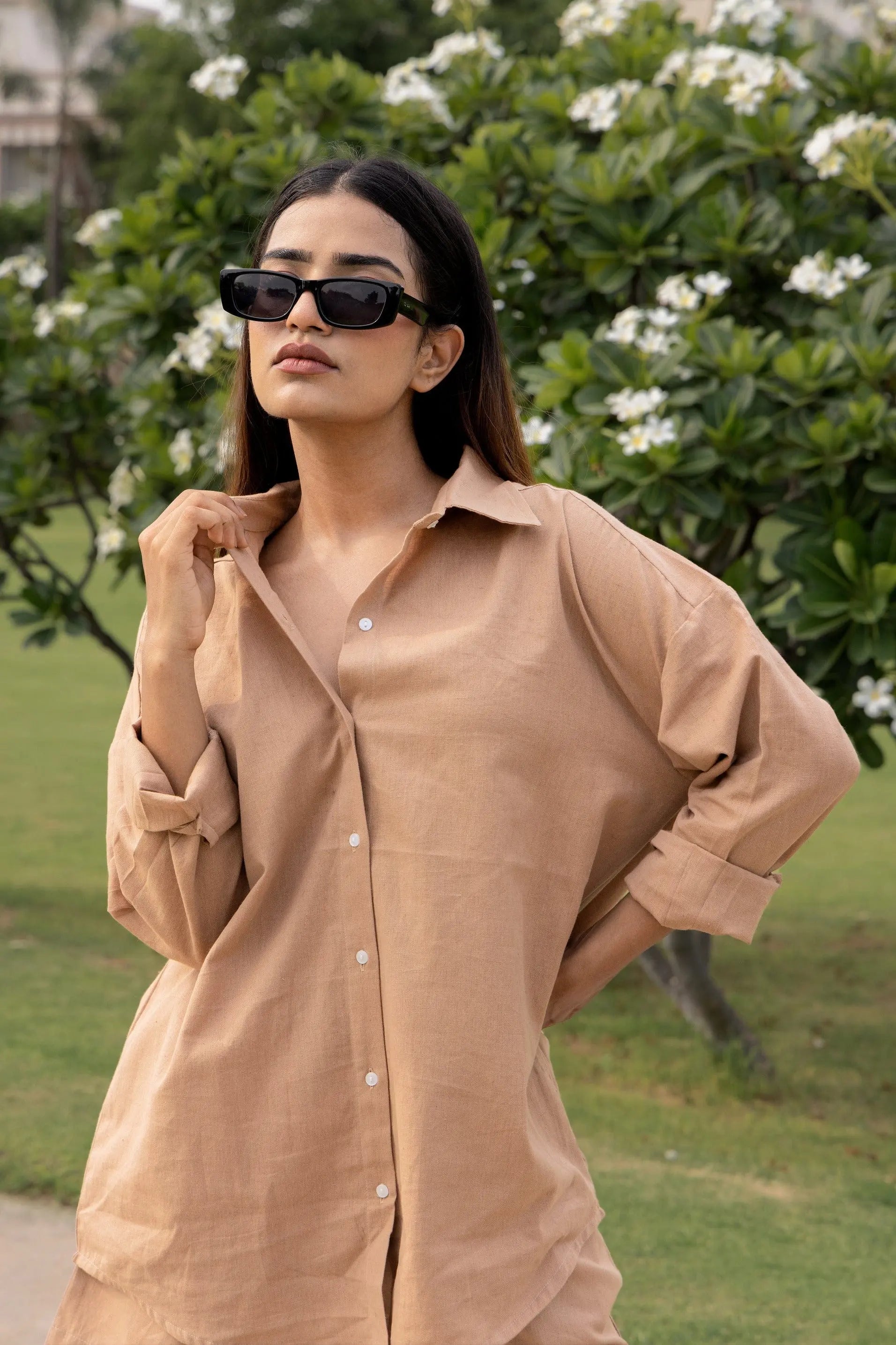 Brown - Oversized Linen-Cotton Shirt & Shorts Set