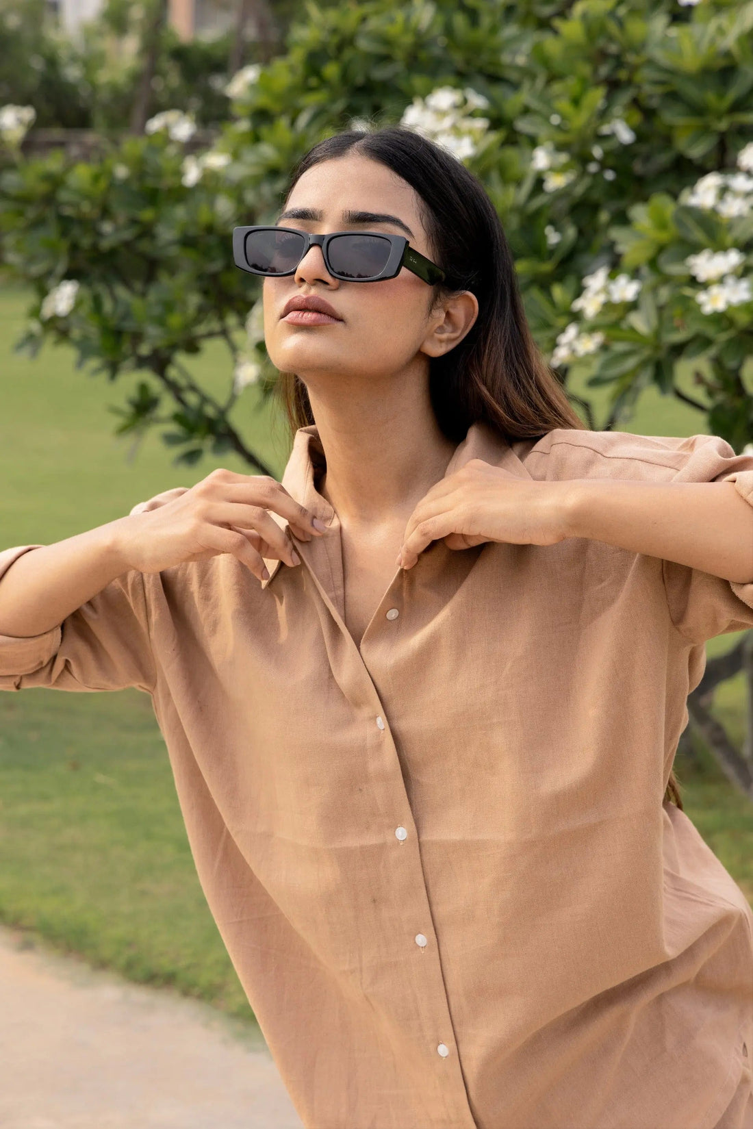 Brown - Oversized Linen-Cotton Shirt & Shorts Set