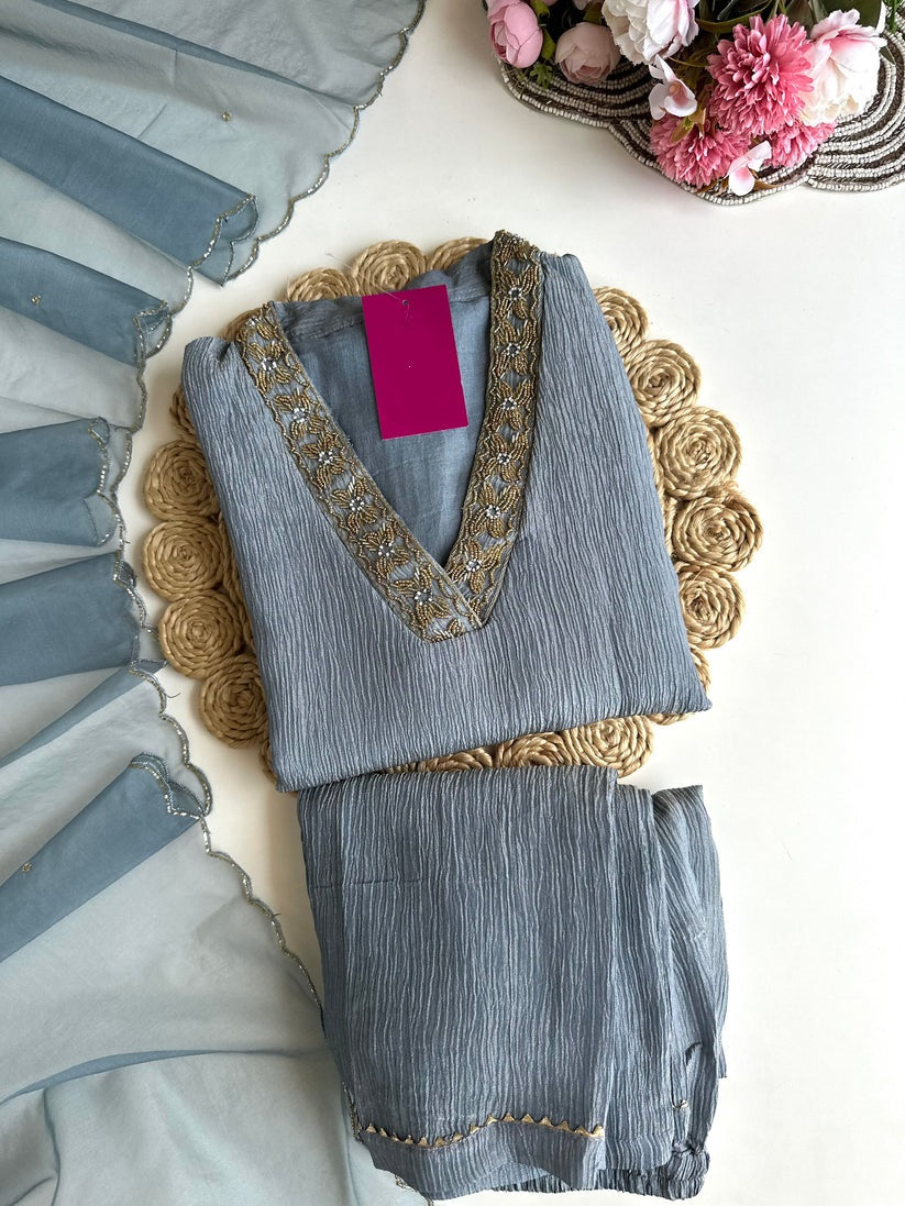 K102 - Crush tissue handwork straight Kurti with pants and dupatta