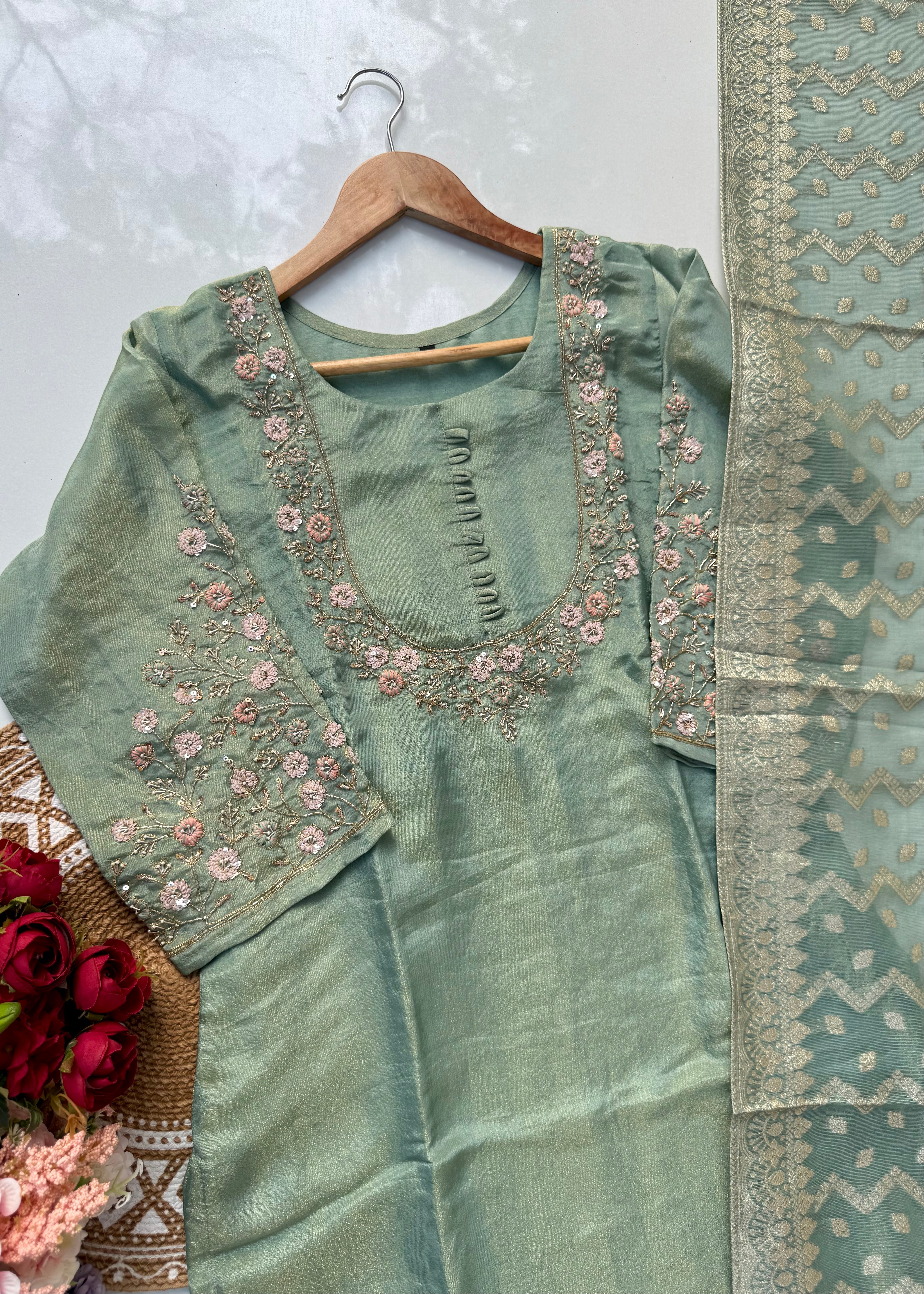 “Nayab” Premium Tissue silk handcrafted kurta set