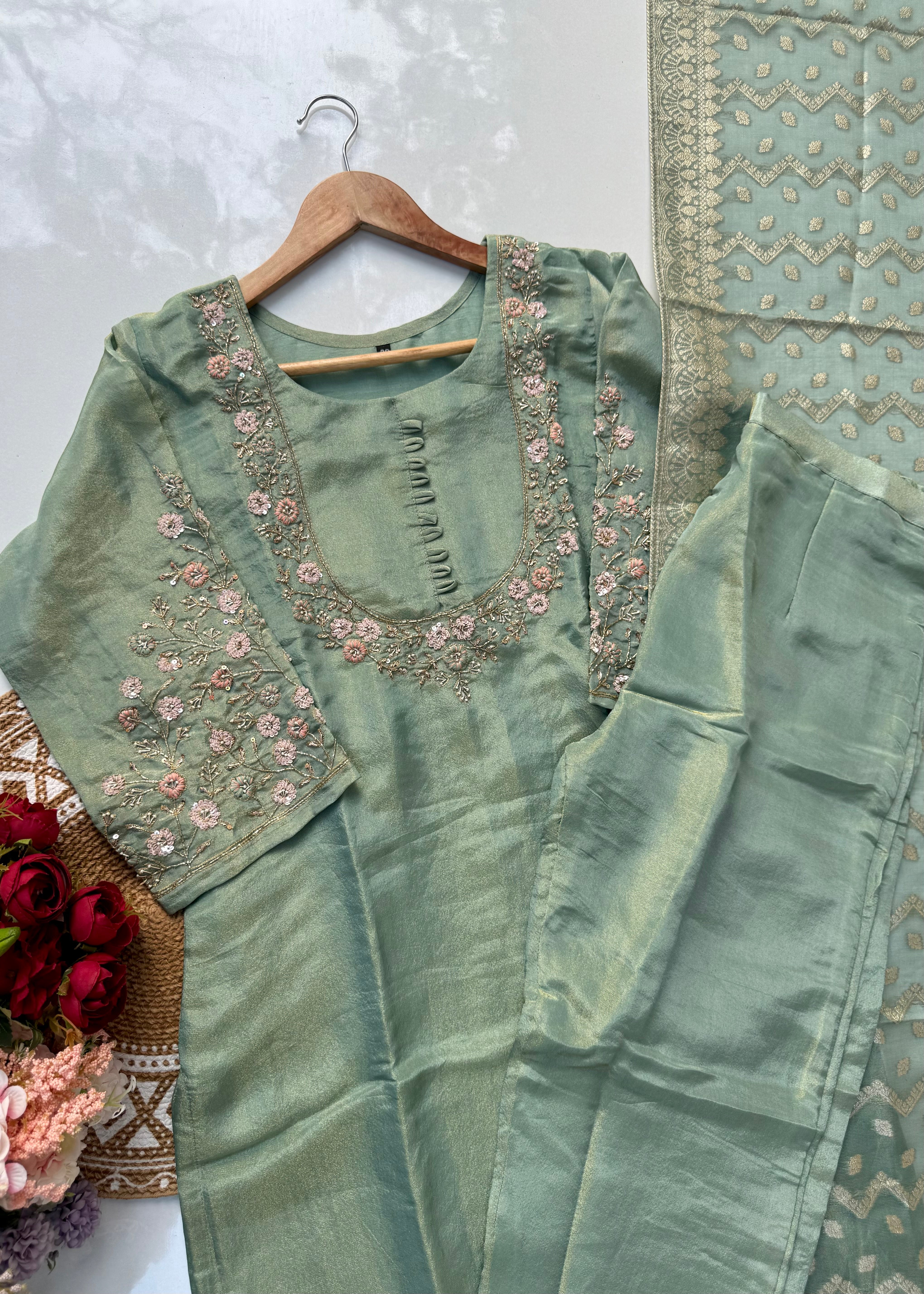 “Nayab” Premium Tissue silk handcrafted kurta set