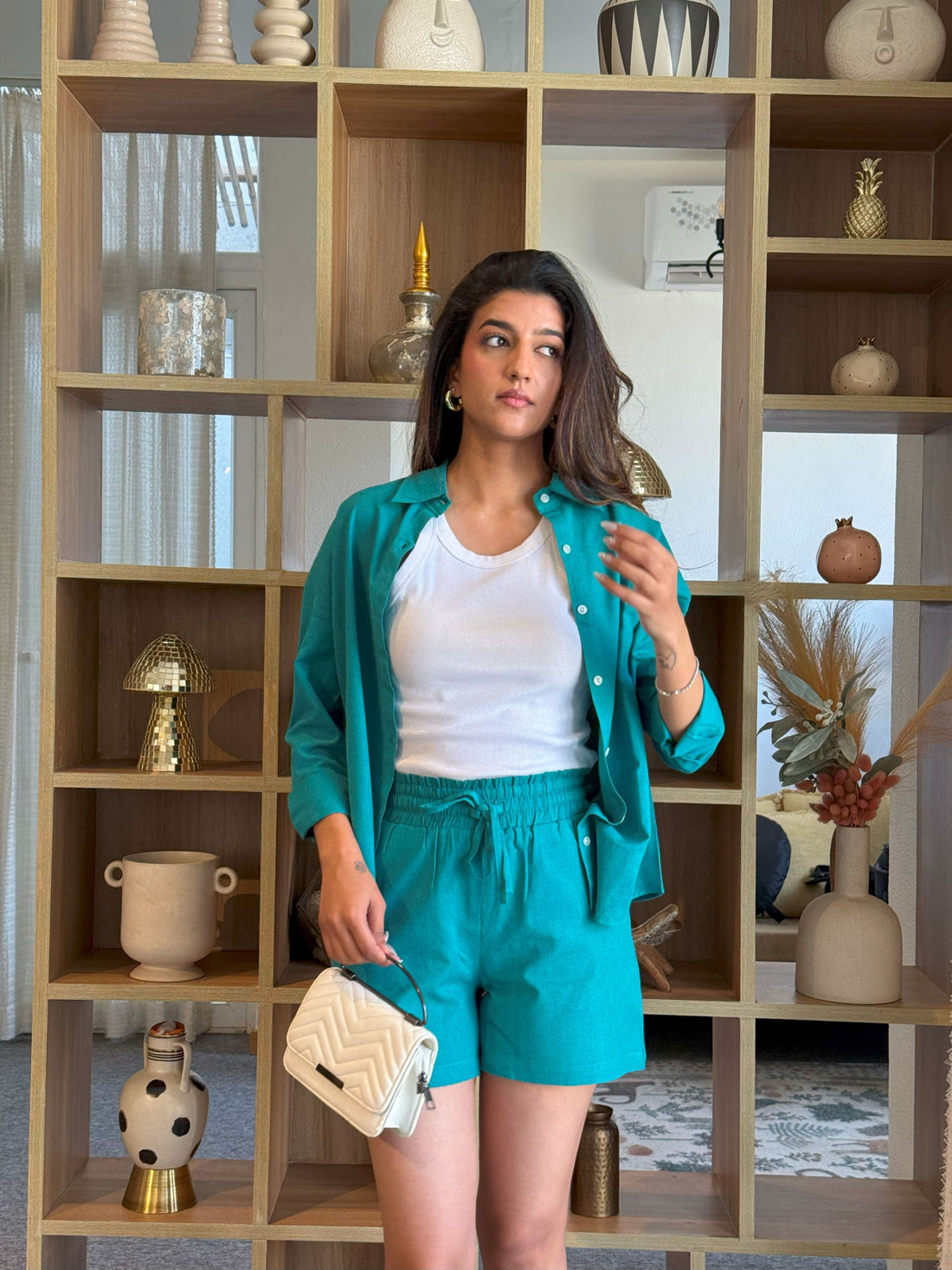 Teal - Oversized Linen-Cotton Shirt & Shorts Set