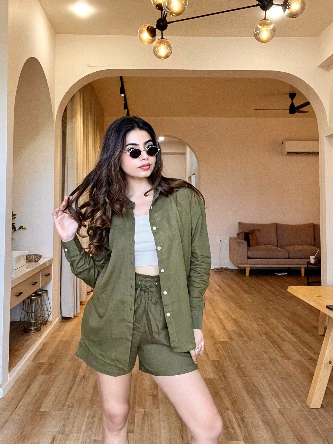 Olive Green - Oversized Linen-Cotton Shirt & Shorts Set