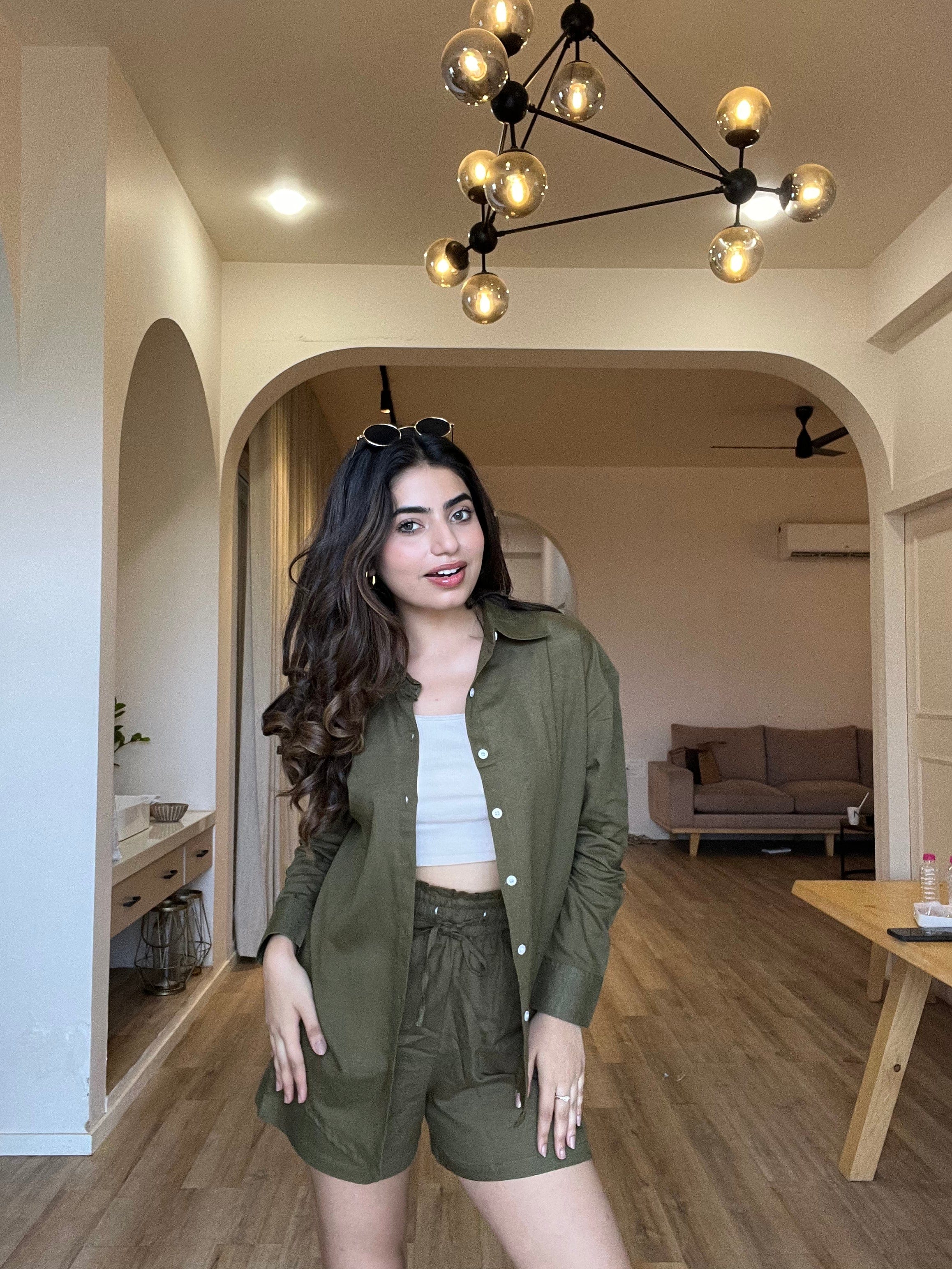 Olive Green - Oversized Linen-Cotton Shirt & Shorts Set
