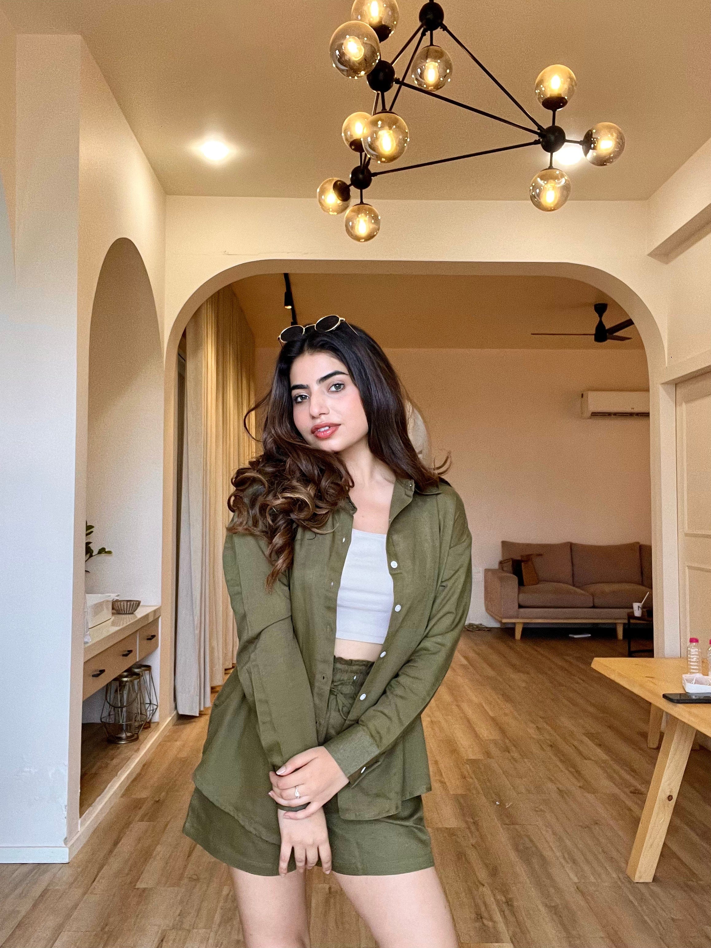 Olive Green - Oversized Linen-Cotton Shirt & Shorts Set