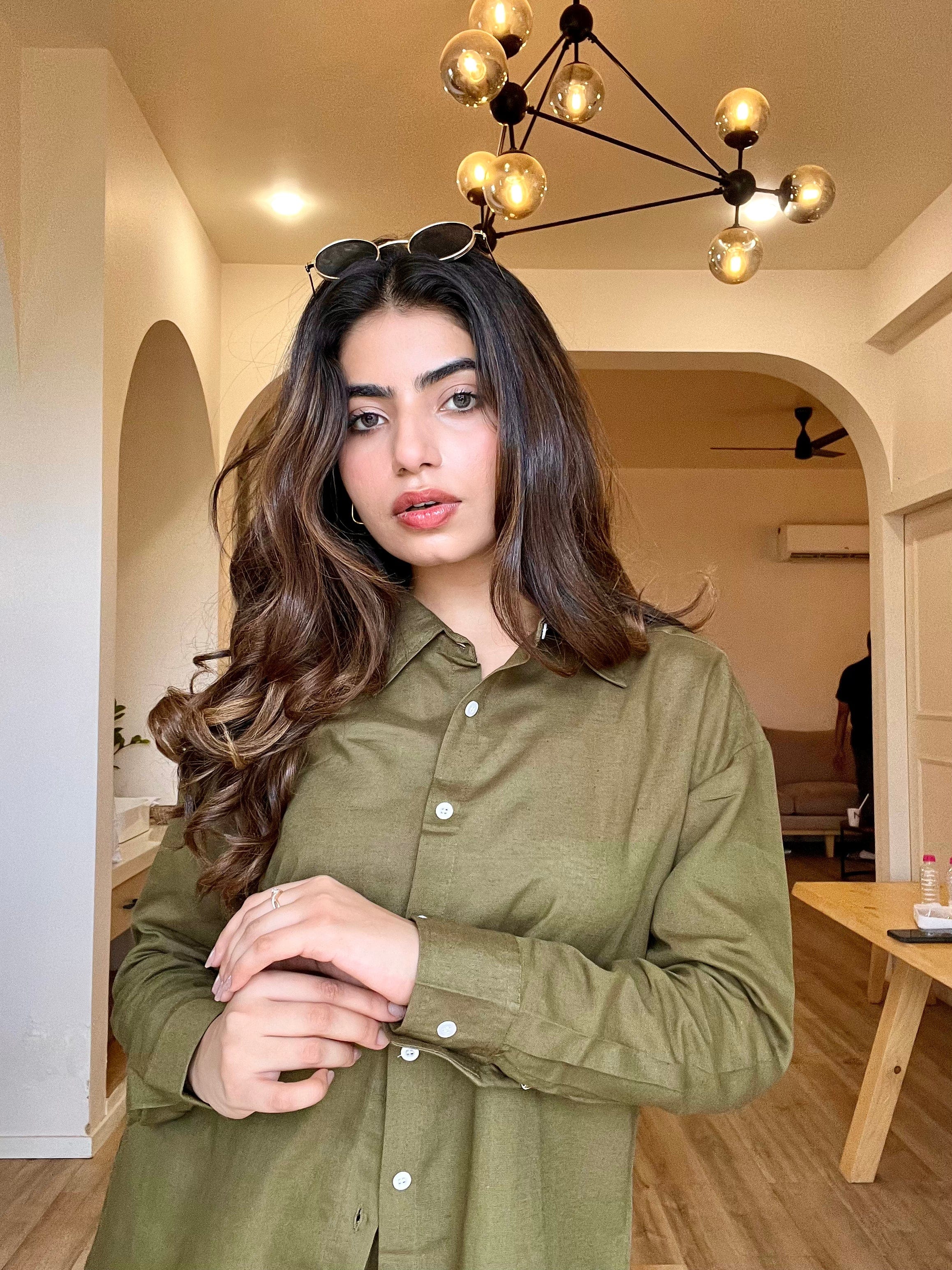 Olive Green - Oversized Linen-Cotton Shirt & Shorts Set