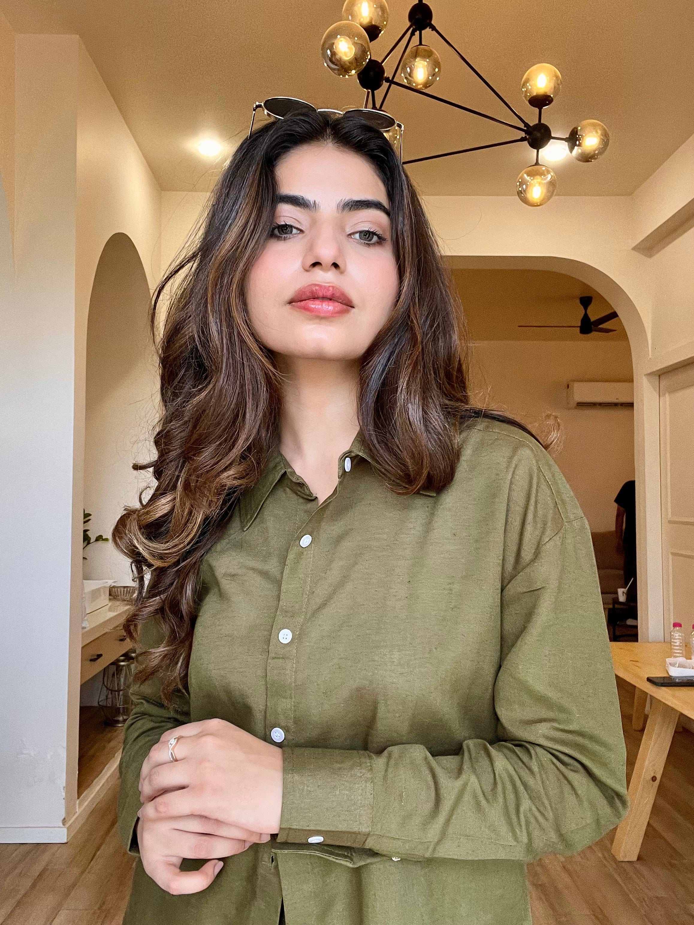 Olive Green - Oversized Linen-Cotton Shirt & Shorts Set