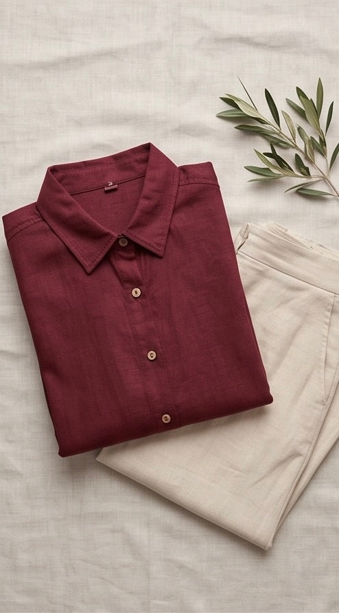 Wine Pure Linen Co-ord Set