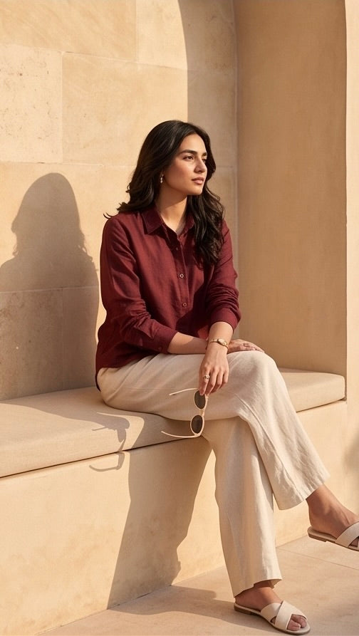 Wine Pure Linen Co-ord Set