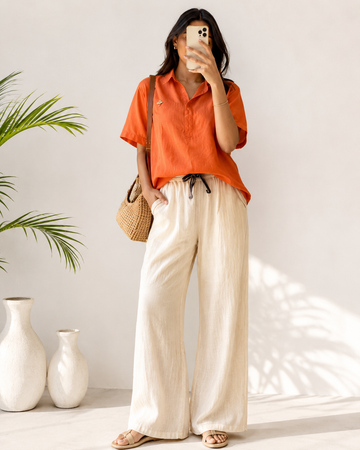 orange pure linen outfit Set