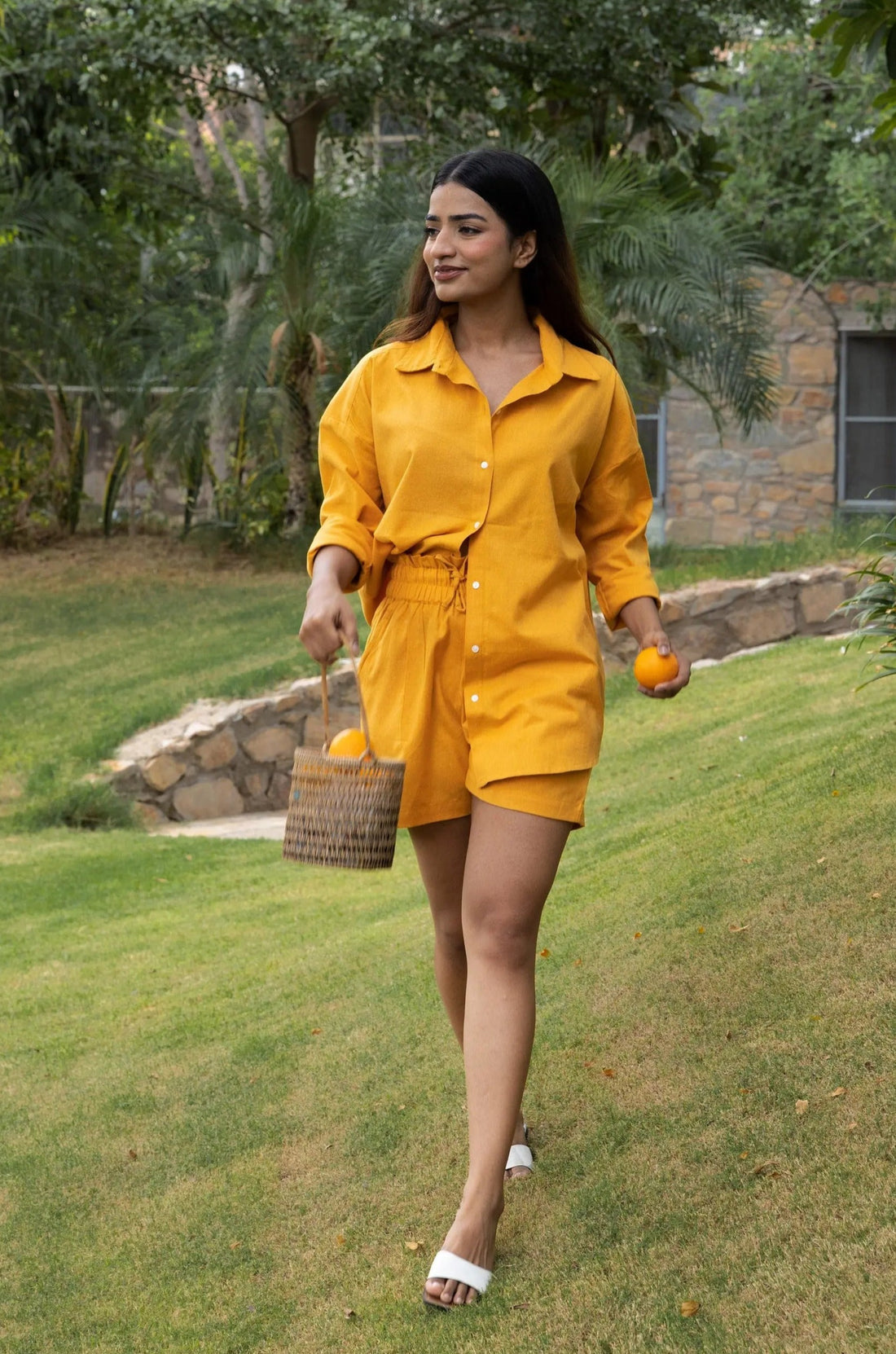 Yellow - Oversized Linen-Cotton Shirt & Shorts Set