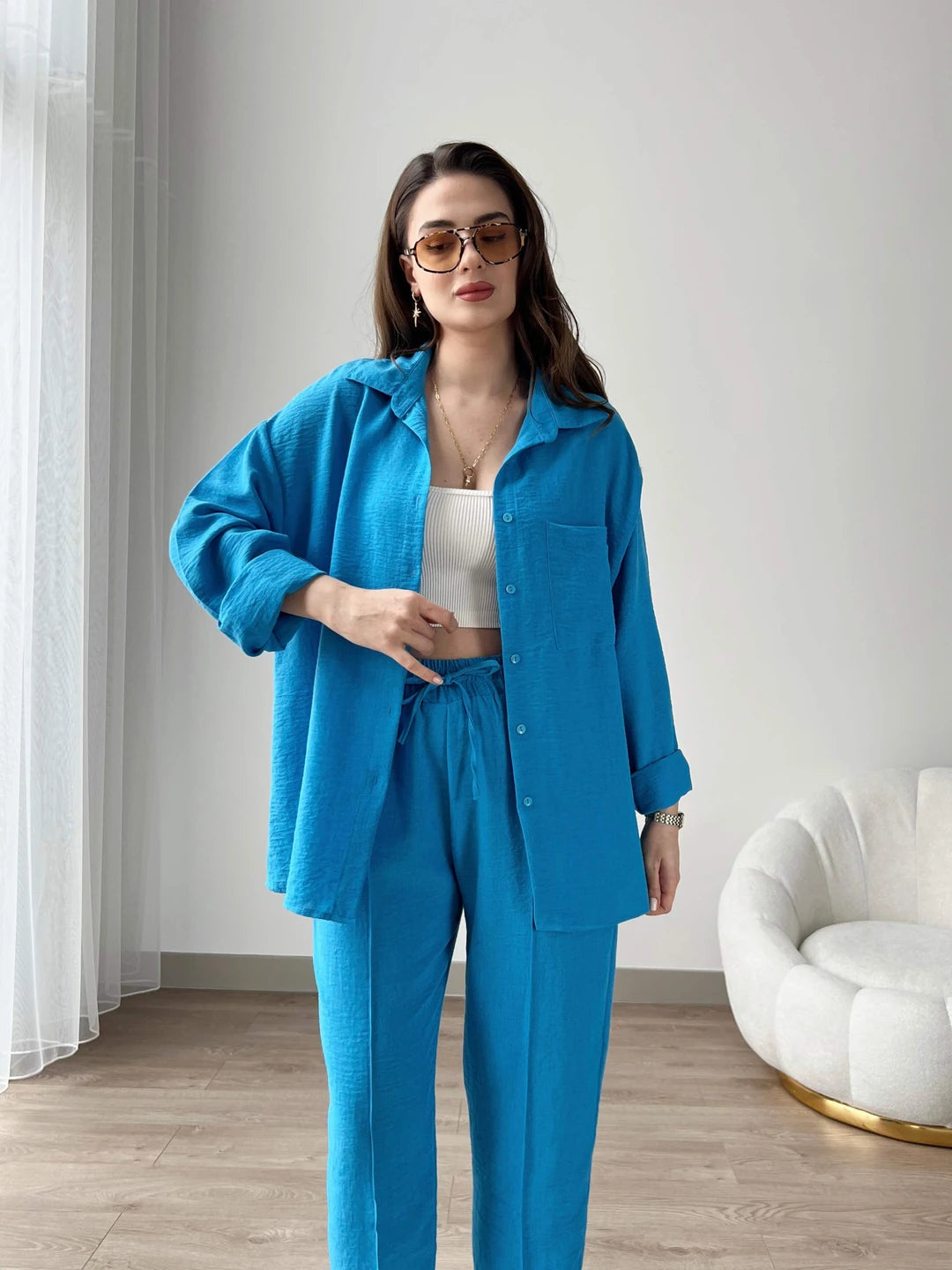 Short Leg Relax Fit Shirt Trouser Set - English Blueshop_this_look_AVdw3f