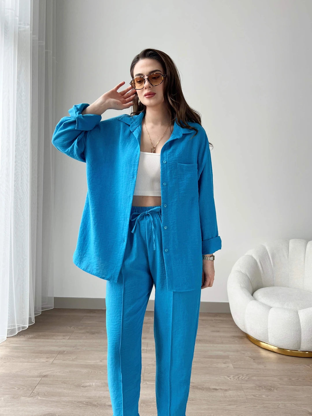 Short Leg Relax Fit Shirt Trouser Set - English Blue