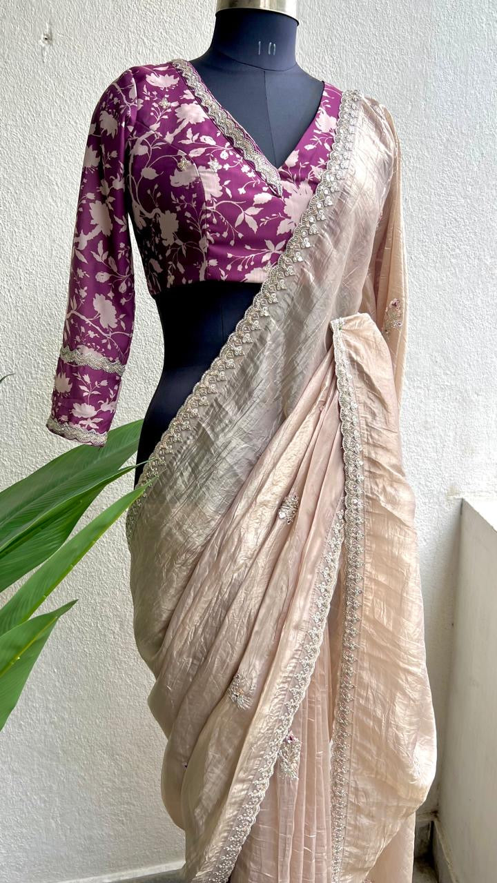 Cream soft tissue saree with wine floral embroidery blouse