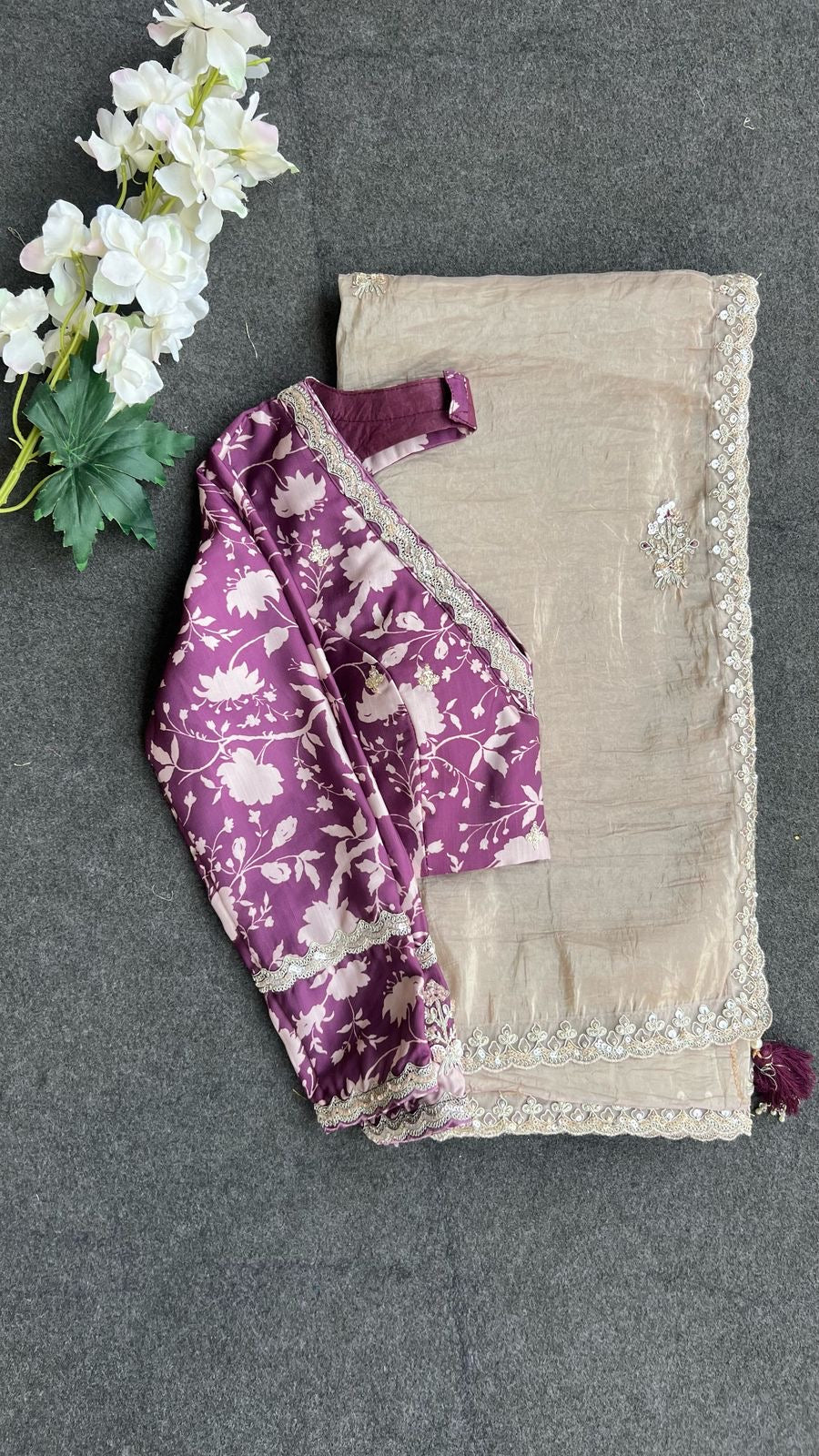 Cream soft tissue saree with wine floral embroidery blouse