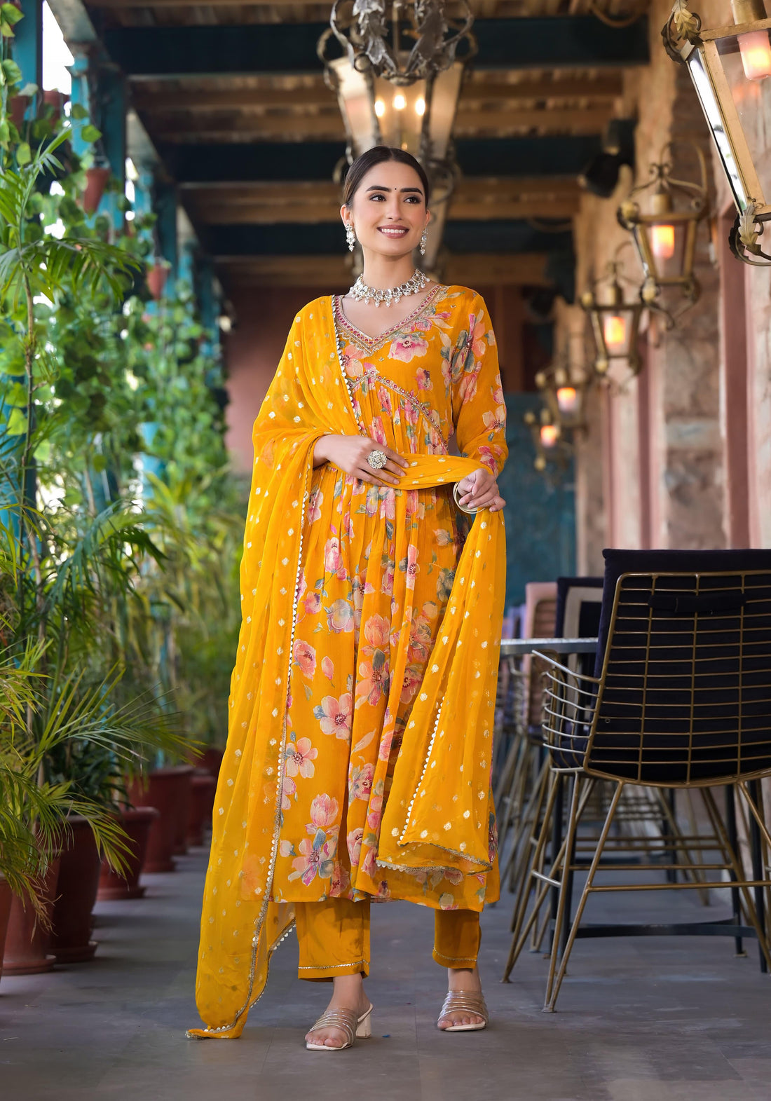 Chinon floral print Alia cut Anarkali dress