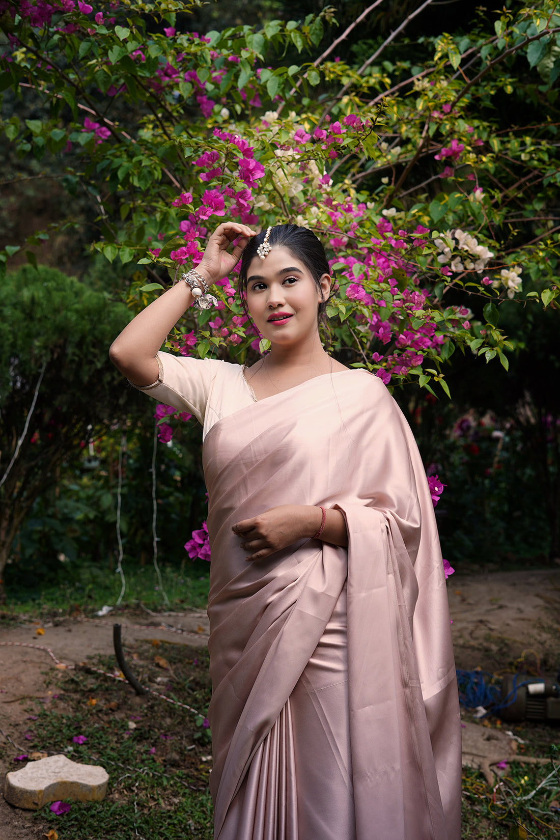 Peach Satin Silk Handmade Tassels On Pallu