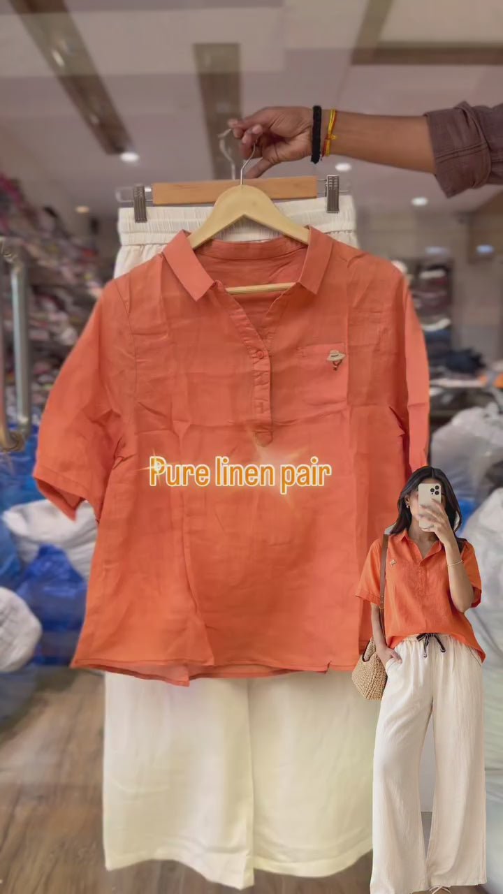 orange pure linen outfit Set